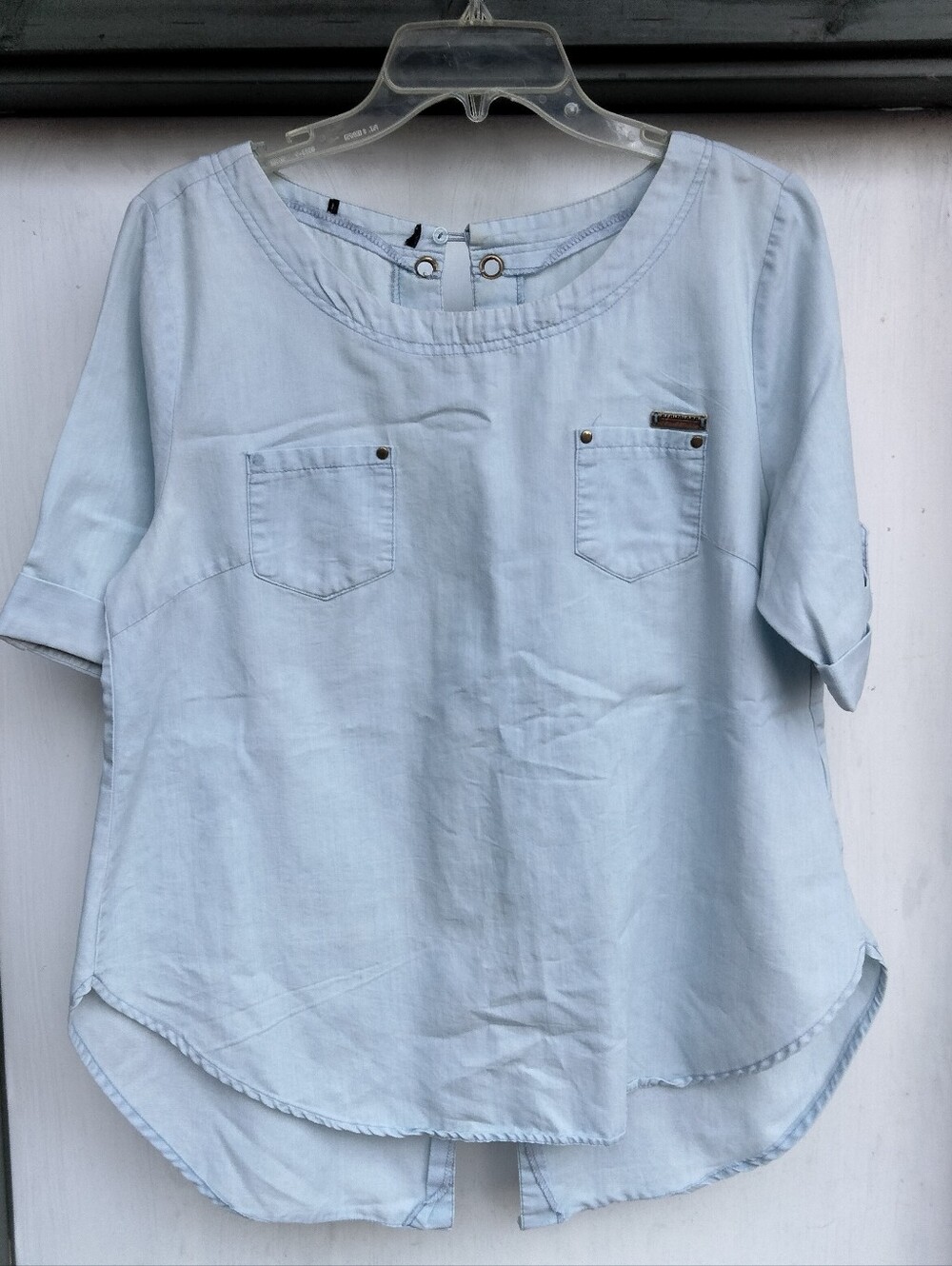 Denimland Light Blue Short Sleeve Pocket Denim Blouse Women's Size Medium